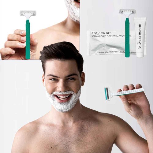 50 Pack Shave kit in Bulk 3 Blades Shave Disposable Razor with Protective Cap 12g Cream Individually Wrapped Paper Box for Hotel,Airbnb, Homeless,Shelter Camping Travel On The Go
