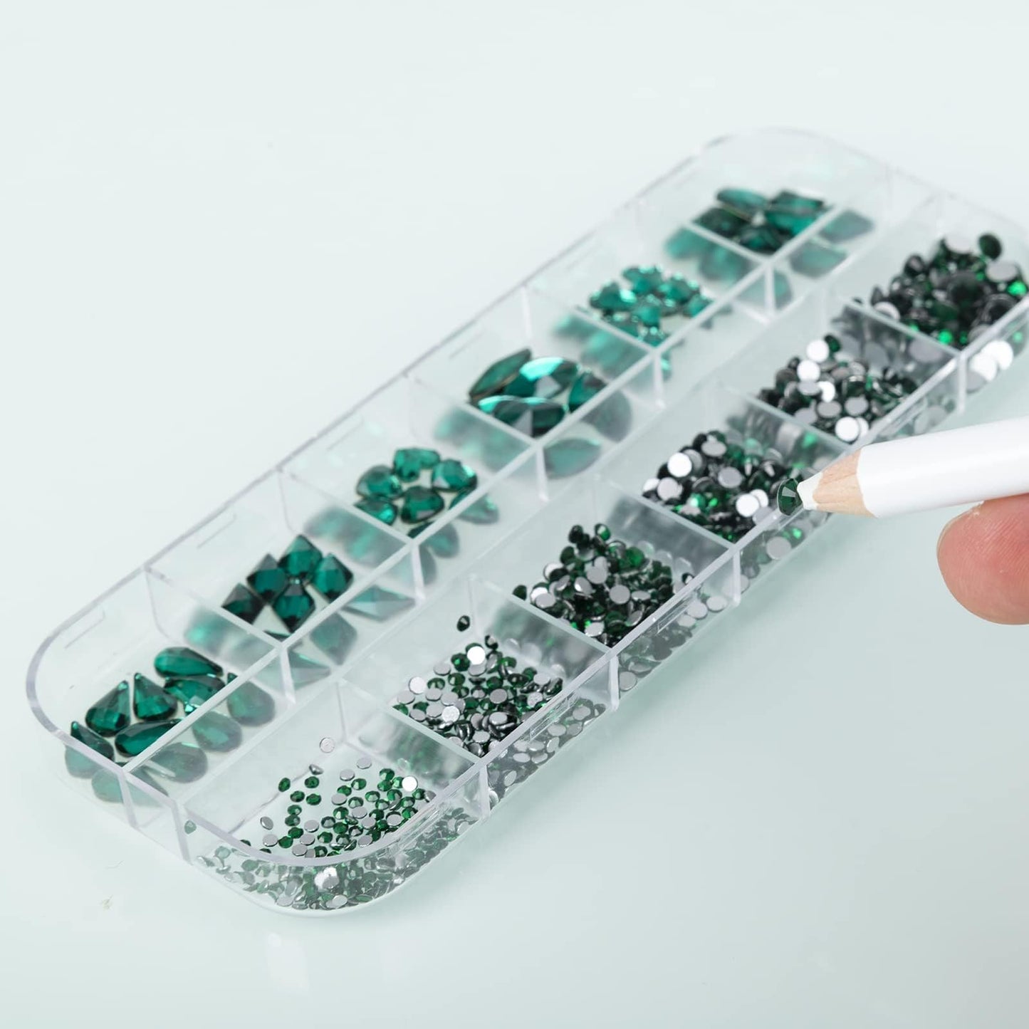 QEZEZA Nail Art Rhinestones Kit, Rhinestone Nail Face Gems, Nail Art Ab Flatback Rhinestones Gems Stones with Storage Organizer Box, (1.5mm - 10mm) 1000PCS 12 Sizes - Emerald Green