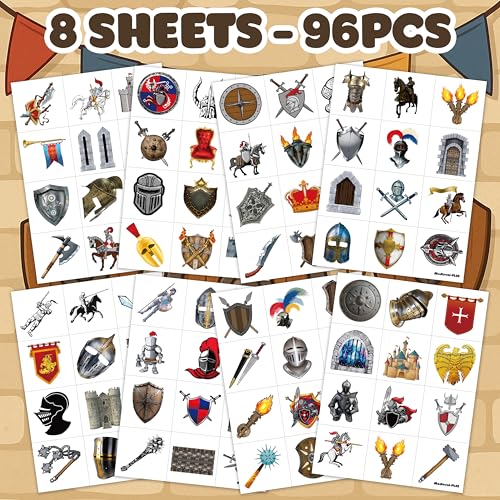 96 PCS Medieval Knight Temporary Tattoos for Kids | 8 Sheets
