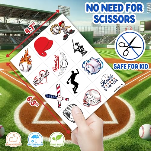 96PCS Baseball Pre-Cut Temporary Tattoos for Kids - Sports Themed Birthday Party Supplies, Fun Stickers for Boys & Girls, Party Favors, School Prizes, Summer Olympic Gifts (Normal)