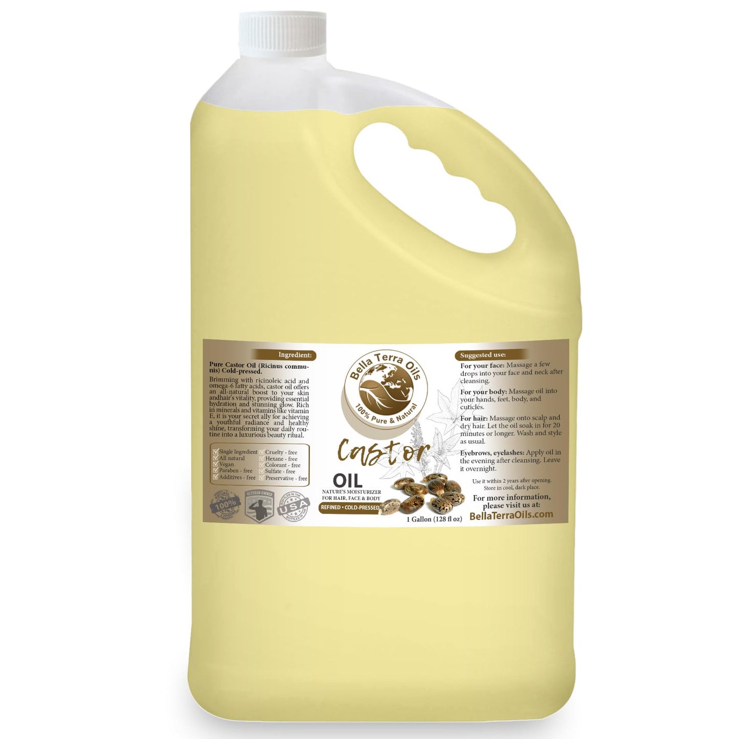 Bella Terra Oils Pure Castor Oil for Hair, Lashes, Brows & Skin – 1gallon, Deeply Moisturizing, Enhance Shine, Nourish Skin