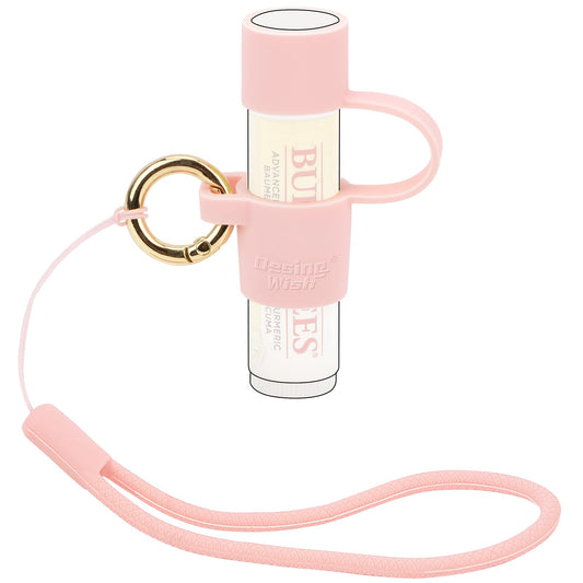 Desing Wish Silicone Chapstick Holder with Cap Cover, 0.6'' Diameter Portable Lip Balm Holder Key Chain Sleeve Chapstick Keychain Holder with Wrist Strap Lanyard - Pink