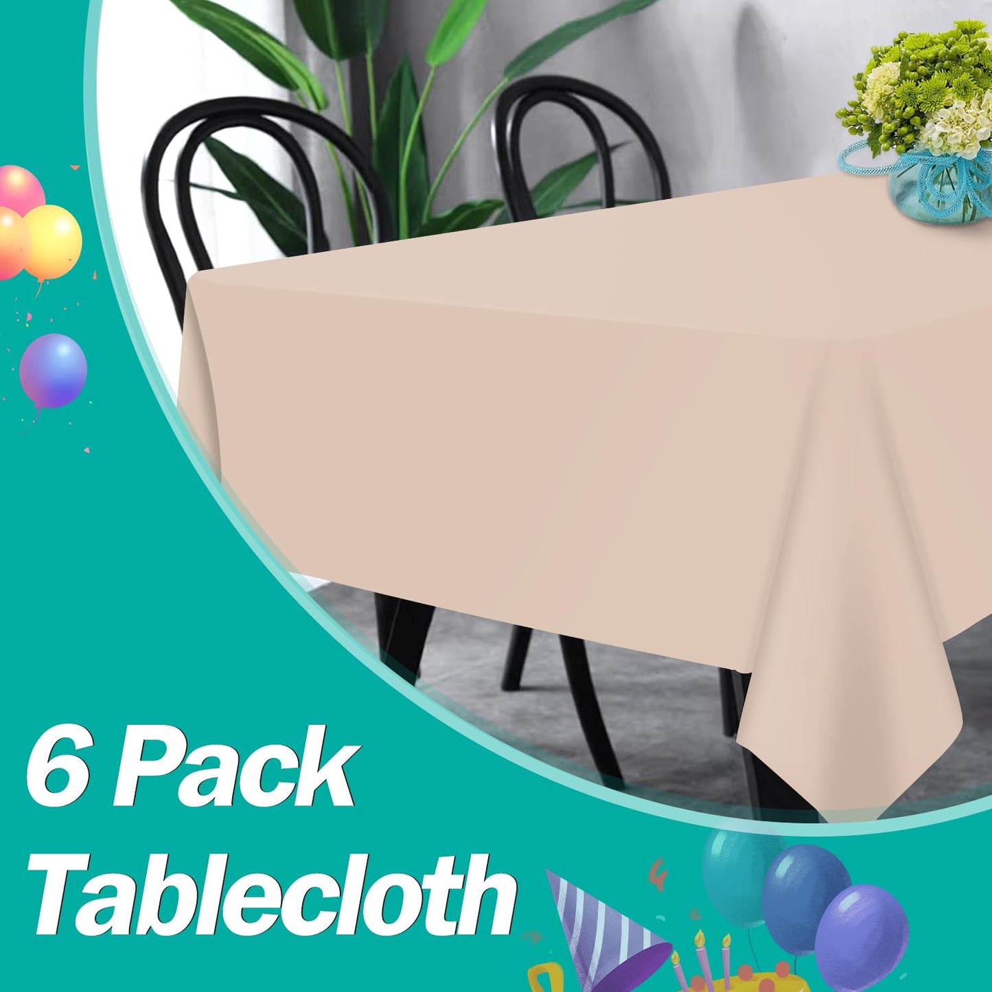 tujol Ivory 6 Pack Plastic Table Cloth 54" x 108", Disposable Tablecloths Rectangle Table Cover, Plastic Table Cloths for Parties