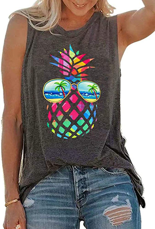 rosemia Tank Tops for Women Summer Graphic Pineapple Tshirts Sleeveless Casual Ladies Tunic Blouse(Pineapple Dark Grey, S)