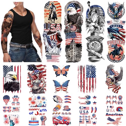 4th of July Temporary Tattoos Full Arm American Flag Fake Tattoo