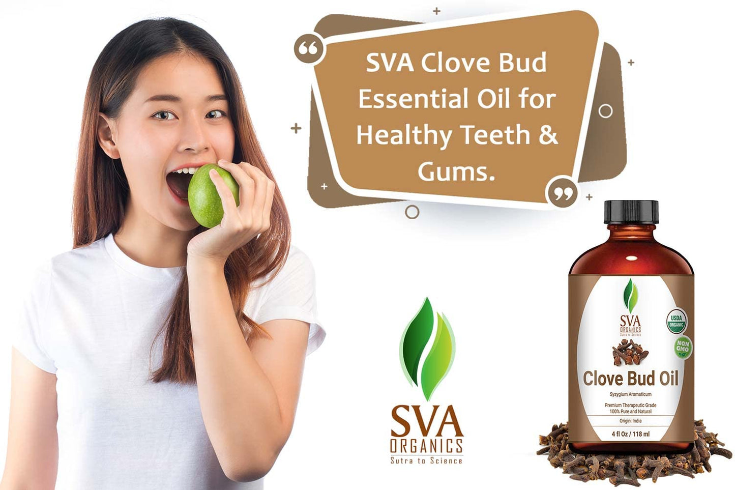 SVA Clove Bud Essential Oil Organic – 4 Fl Oz – 100% Natural Organic Clove Oil - for Diffuser, Hair Care, Face, Skin Care, Aromatherapy, Scalp and Body Massage, Soap and Candle Making - with Dropper