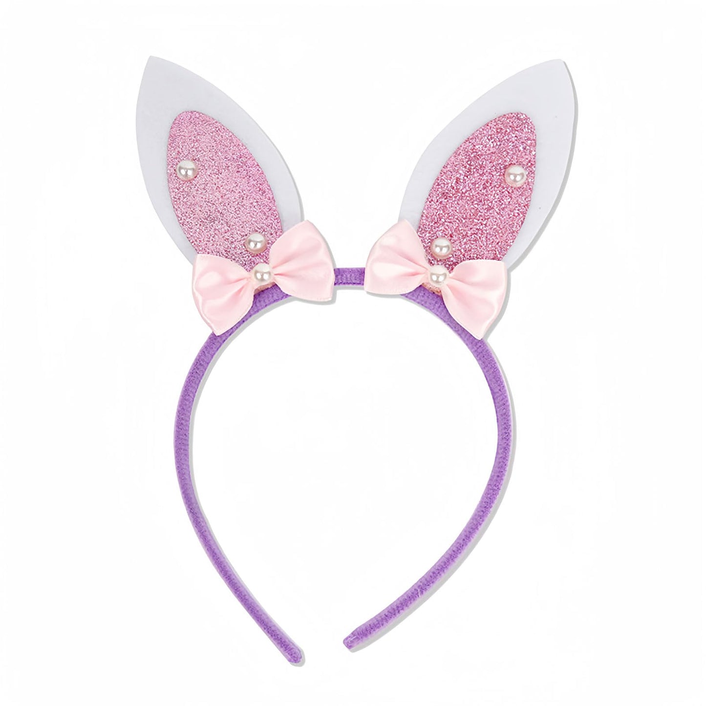 HIFANMM Easter Headbands Bunny Ears Hair Bands for Women Girls Kids, Cute Pink Rabbit Ear with Pearls Bow Hair Accessories Easter Day Decoration Headdress Party Supplies Gift Hair Hoop 1 Pcs