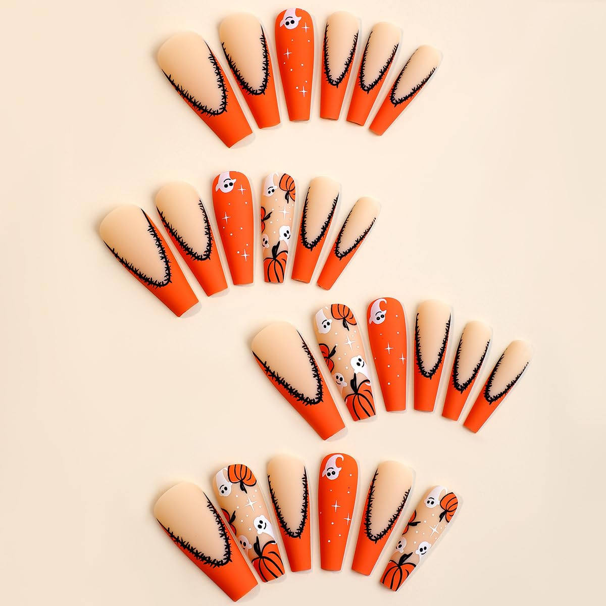 24pcs Extra long Hallowee Press on Nails Coffin Fake Nails French Yellow Full Cover Stick on Nails with Pumpkin and Ghost Designs False Nails Artificial Matte Acrylic Glue on Nails for Women