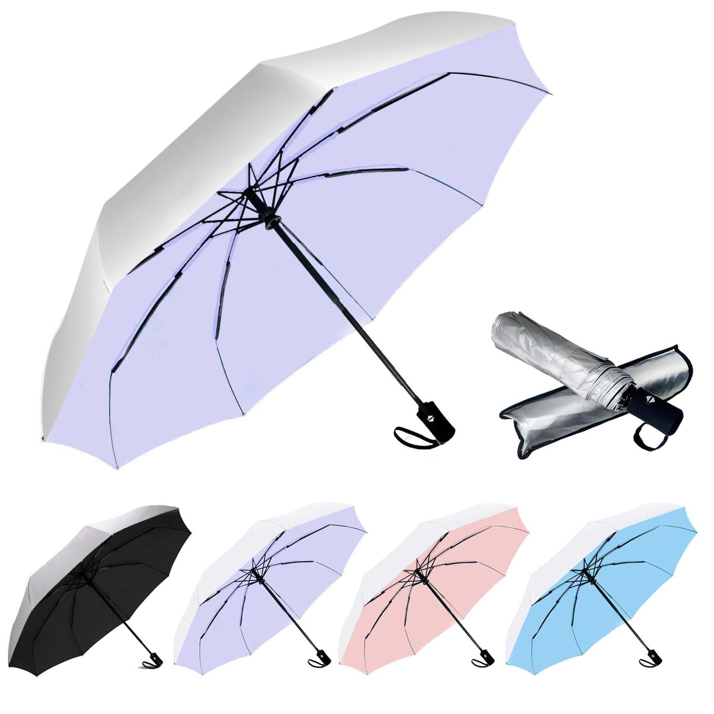 SIEPASA UV Protection Travel Compact Umbrella-Automatic Umbrellas for Rain-Small Portable Windproof Umbrellas for Men Women Teenages. (Silver/Purple)