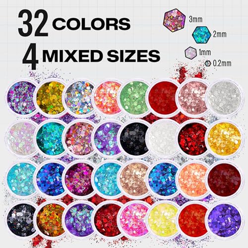 32 Pack Chunky Mix Holographic Glitter - Face Glitter, Nail Glitter, Chunky Fine Glitter, Craft Glitter for Crafts, Makeup & Body, Festival Chunky Glitter, Cosmetic Grade