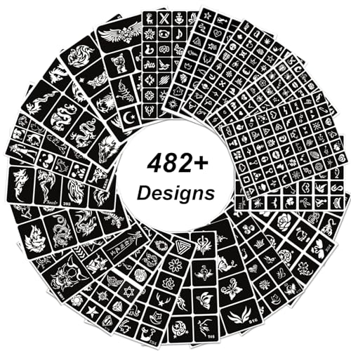 482pc Temporary Tattoo Stencils Kit - 20 Sheets Henna Face Body