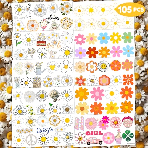 105 PCS Daisy Flower Temporary Tattoos Cute Birthday Party Decorations Favors Supplies Decor Groovy Spring Boho Yellow While Daisy Flower Hippie Stickers For Girls Gift School Prizes Rewards
