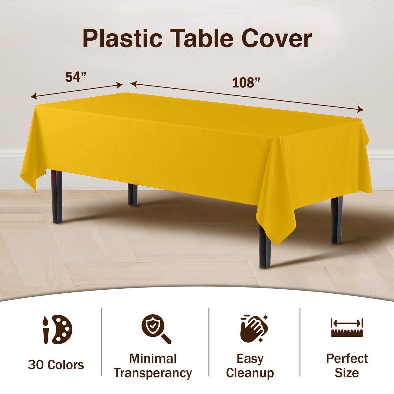 Exquisite 6-Pack Premium Plastic Tablecloth 54in. x 108in. Rectangle Plastic Table Cover - Yellow