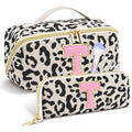 Personalized Travel Makeup Bag Set - Initial Graduation Gifts, Teacher Appreciation Gifts, Open-Flat Cosmetic Organizer with Brush Pockets, Travel Toiletry Bag for Women-Black Leopard T