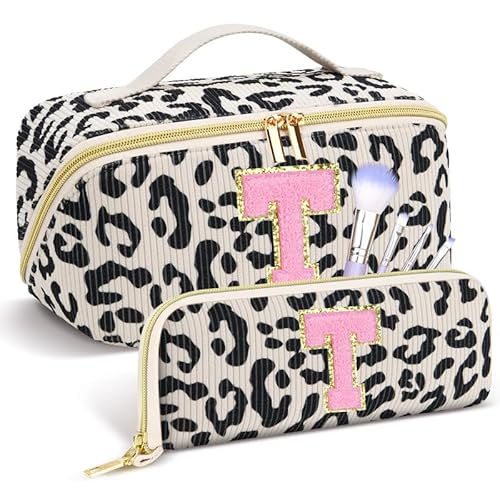 Personalized Travel Makeup Bag Set - Initial Graduation Gifts, Teacher Appreciation Gifts, Open-Flat Cosmetic Organizer with Brush Pockets, Travel Toiletry Bag for Women-Black Leopard T