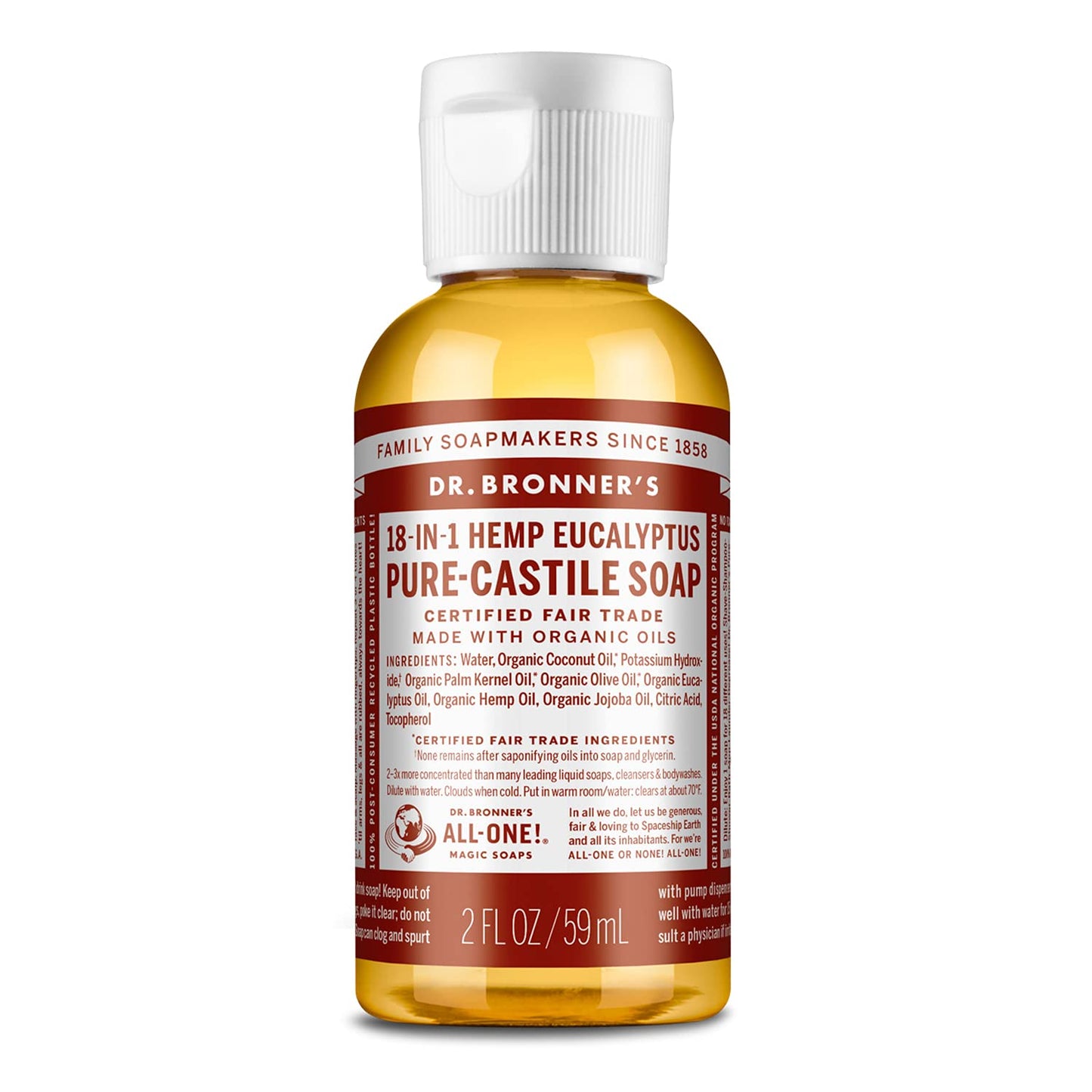 Dr. Bronner's - Pure-Castile Liquid Soap (Eucalyptus, 2 Ounce) - Made with Organic Oils, 18-in-1 Uses: Face, Body, Hair, Laundry, Pets and Dishes, Concentrated, Vegan, Non-GMO