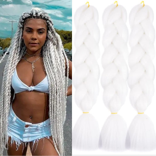 Jumbo Braiding Hair For Women and Girls 24 Inch Soft Braid Hair Extensions 3Packs Braiding Hair High Temperature Synthetic Fiber (white)