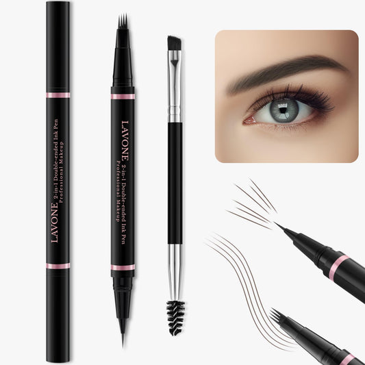 Eyebrow Pencil,2-in-1 Waterproof Eyebrow Pen with 4 Tip Brow Pen and Ultra-Precise Brow Pencil,with Dual-ended Eyebrow Brush,Eyebrow Makeup for Natural Looking Eyebrows-Black Brown