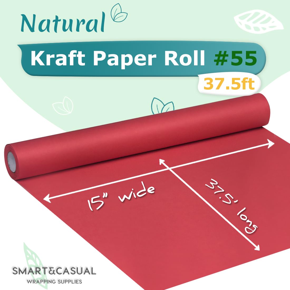 SMART&CASUAL 15" x 450" (37.5') Kraft Paper Roll for Art Craft Supplies Gift Wrapping Moving Packing Kids Painting Drawing Paint Easel Poster Chart Paper (Red, 15"W x 450"L (37.5'))