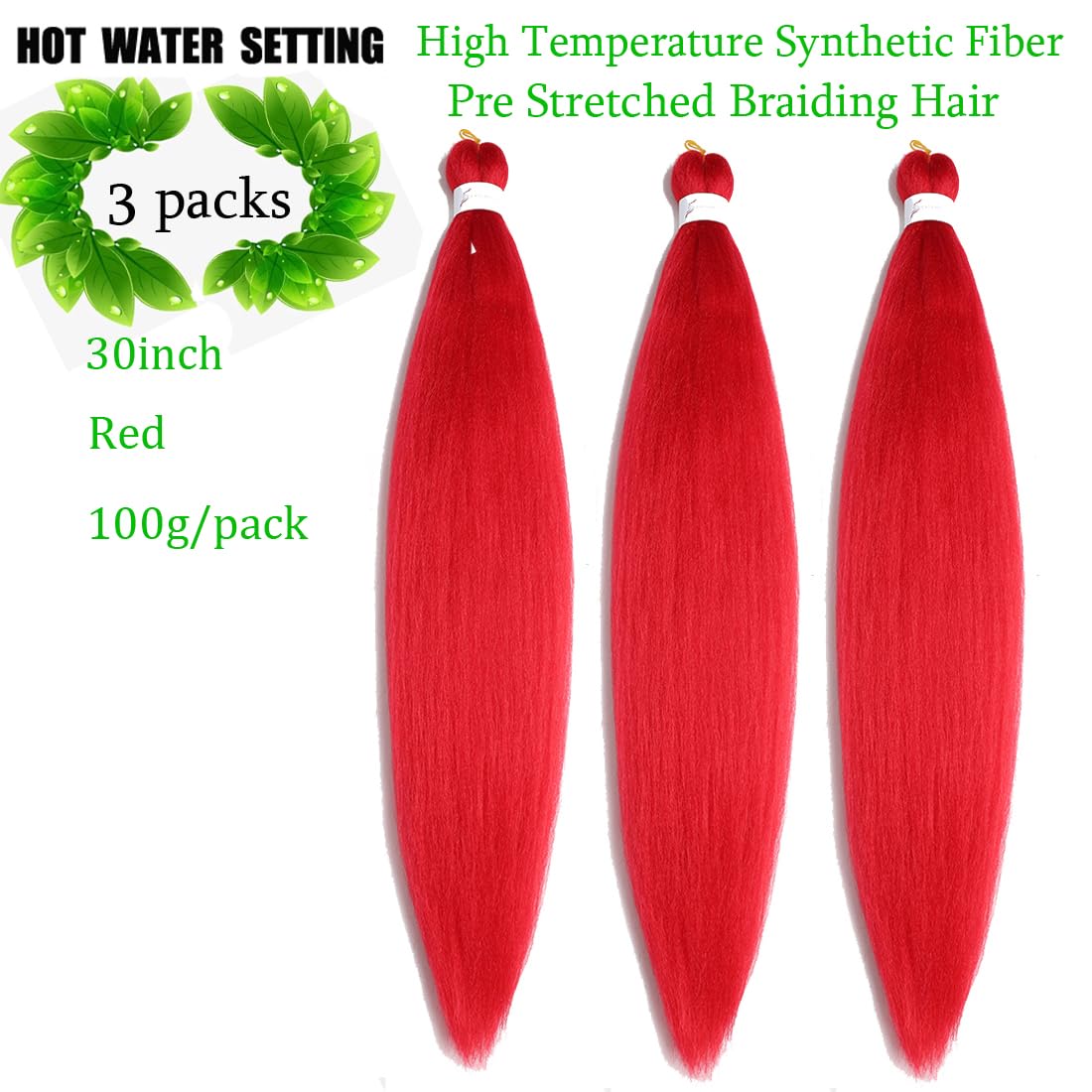 Red Pre Stretched Braiding Hair Long Braiding Hair Extensions 30 Inch 3 Packs High Temperature Synthetic Fiber Hair For Crochet Twist Braids Hot Water Setting(30inch,Red)