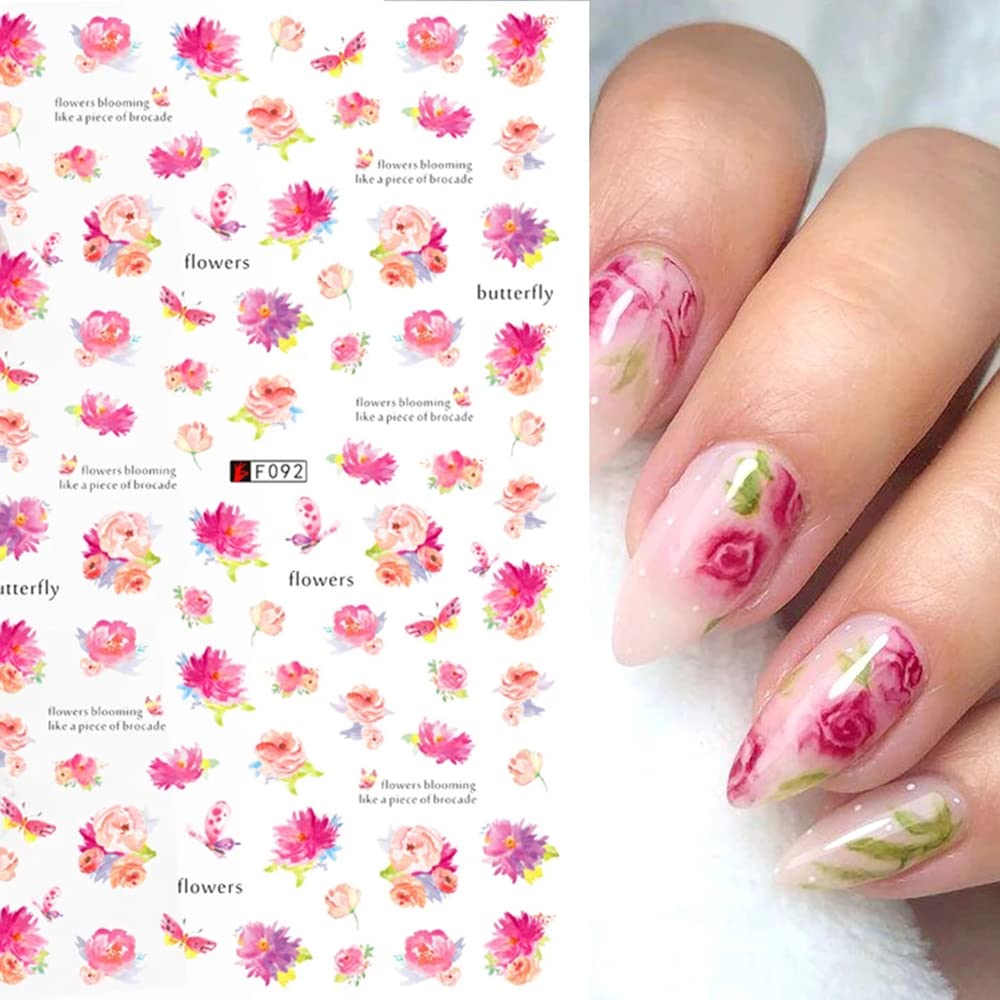 Flowers Nail Stickers, Spring Nail Decals 3D Self-Adhesive Cherry Blossom Floral Pink Spring Nail Design Manicure DIY Nail Art Decoration for Women Girls (8Sheets)