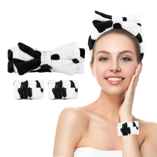 LGURT Fluffy Bow Tie Microfiber Headband Set with Absorbent Wristbands for Face Washing and Women's Skin Care (Cow Stripe)