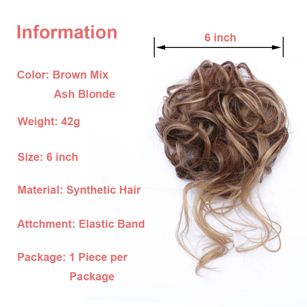 KETHBE Messy Bun Hair Piece Tousled Updo Hair Buns Extension Elastic Hair Band Hair Pieces Curly Hair Bun Scrunchie For Women (Brown Mix Ash Blonde)