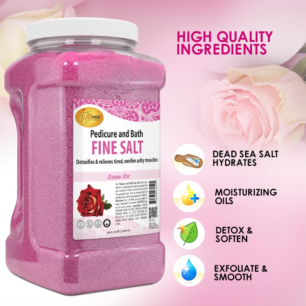 SPA REDI - Detox Foot Soak Pedicure and Bath Fine Salt, Sensual Rose, 128oz - Made with Dead Sea Salts, Argan Oil, Coconut Oil, and Essential Oil - Hydrates, Softens and Moisturizes