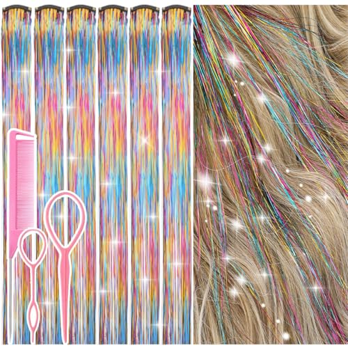 Hair Tinsel Clip-In Extensions, 12 Pcs 24 Inch Rainbow