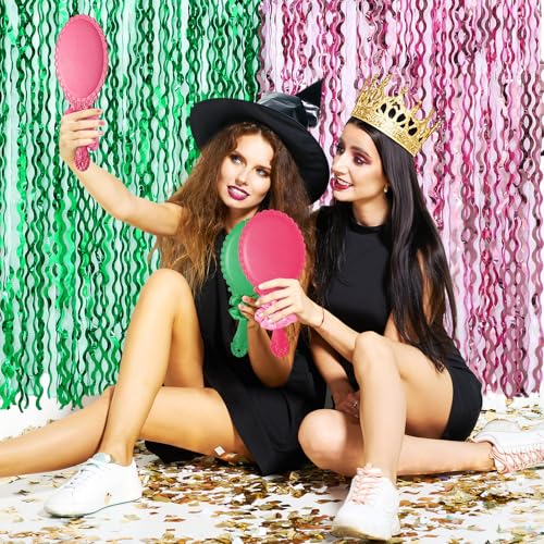 Qunclay 24 Pcs Pink and Green Witch Party Favors Pink & Green Handheld Mirrors with Hair Scrunchie Witch Merch Accessories Theme Birthday Party Decorations Gifts for Women BFF Movie Night Couples