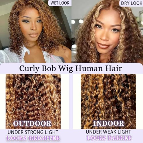 Curly Bob Wig Human Hair 13x4 HD Lace 14" Honey Blonde