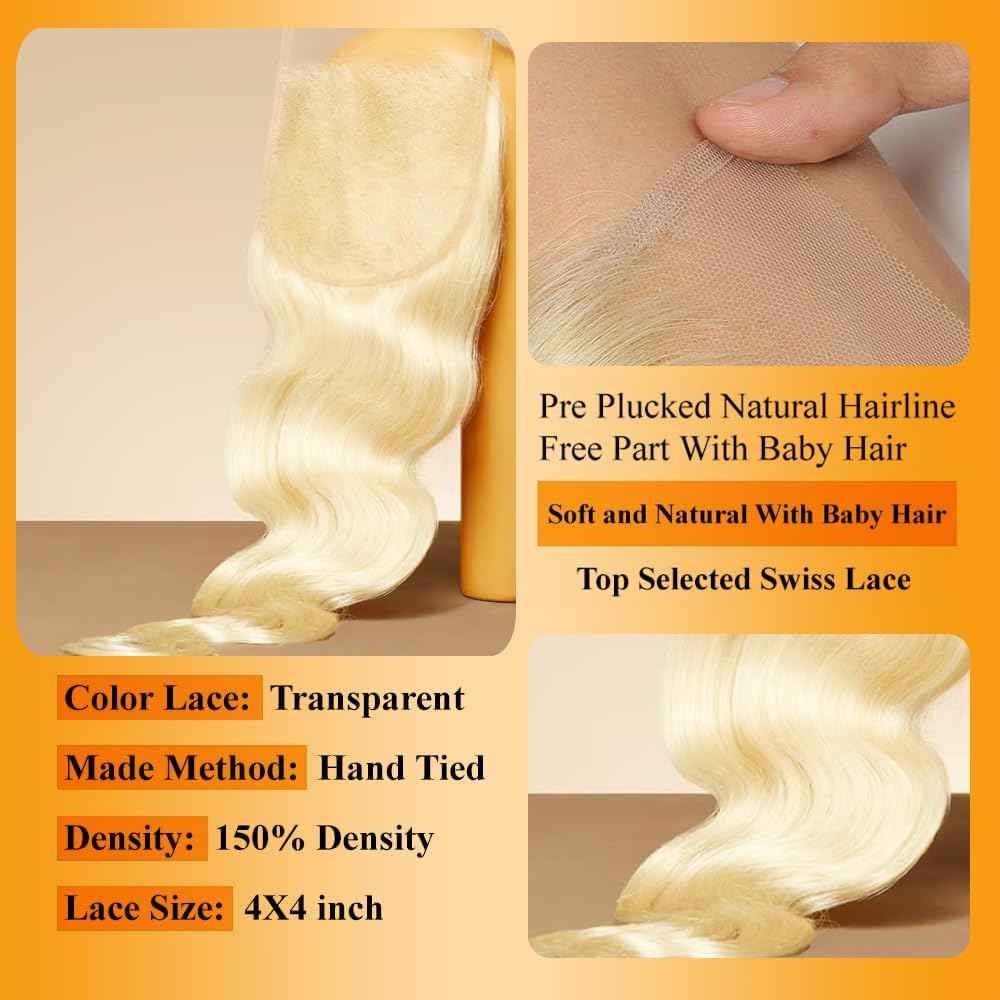 QTHAIR 16A Blonde #613 Body Wave 4X4 HD Lace Closure Transparent Lace Frontal Closure 20 inch Closure for Brazilian Body Wave Bundles Human Hair Invisible Knots Melt to Skin