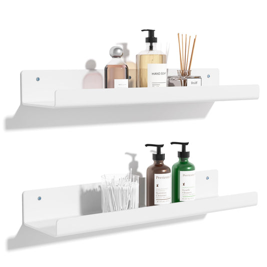 upsimples 2 Pack Acrylic Shelves for Wall Storage, 15" Floating Bookshelves for Kids, Display Shelf Organizer for Bathroom, Bedroom, Living Room, Kitchen, Room Decor, White