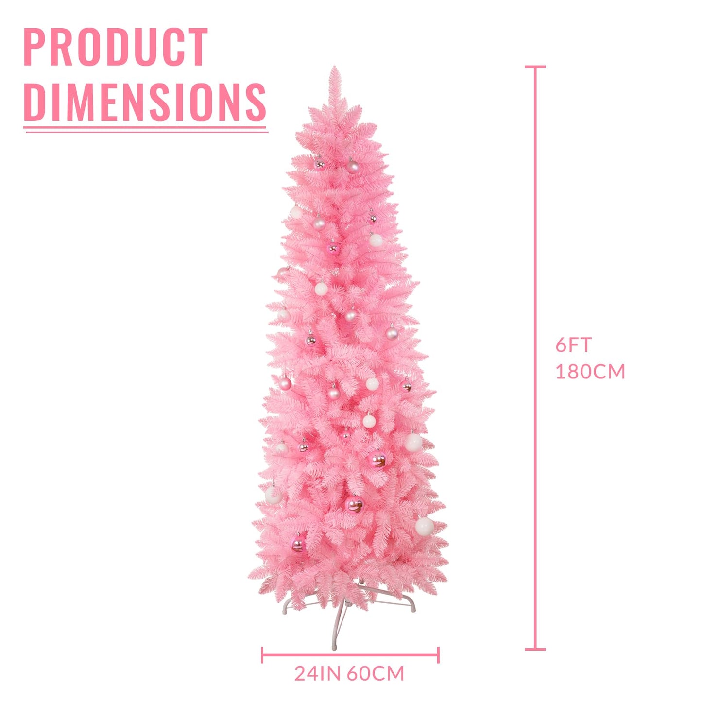 XmasExp Pink Skinny Pencil Christmas Tree, 6ft Artificial Slim Thin Christmas Tree with Warm LED Lights String 8 Lighting Modes and Christmas Ball Onaments