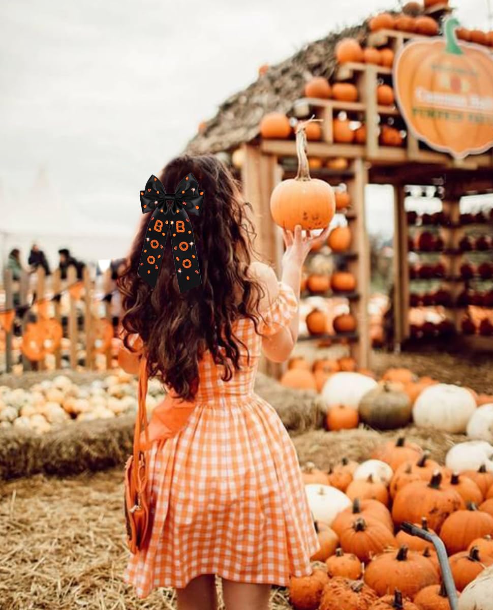 Halloween Hair Bows Accessories for Women Spooky Halloween Hair Clips Candy Corn Boo Pumpkin Ghost Hair Bows Large Orange Black Hair Ribbons Barrettes Halloween Outfits Costume Gifts (Pattern A)