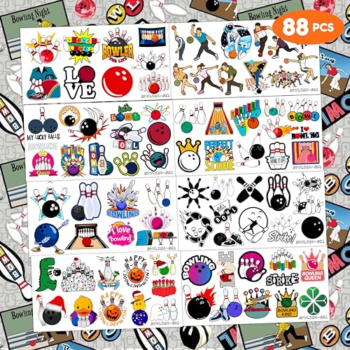88PCS Bowling Temporary Tattoos for Kids ? Fun Bowling Ball Stickers, Sports Theme Birthday Party Favors, Supplies, Carnival Rewards, School Classroom Prizes & Game Day Decorations