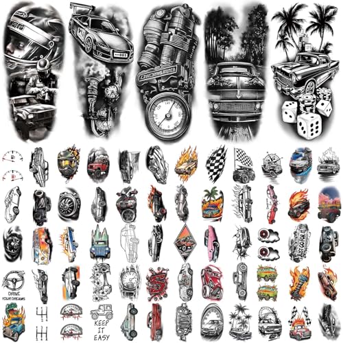 77 Sheets Cars Temporary Tattoo for Women Men, 17 Sheets Half Arm Race Car Fake Tattoos, 60 Sheets Black Holiday Truck Theme Tiny for Adult Kids Body Tattoos Stickers Waterproof Realistic