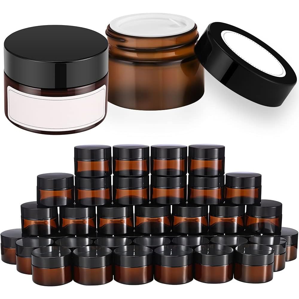 1 oz Round Clear Glass Jars, Bumobum 48 pack Cream Jars with Black Lids, Black and White Labels & Inner Liners, Empty Cosmetic Containers for Cream, Lotion