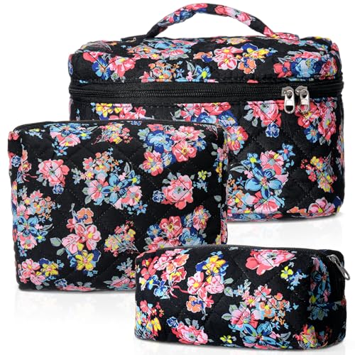 3 Pcs Quilted Makeup Bags Large Floral Cosmetic Bag for Women Cotton Makeup Bag Set Travel Toiletry Bag Aesthetic Cute Cosmetic Pouch for Women Christmas Gifts Organizer Home Bathroom
