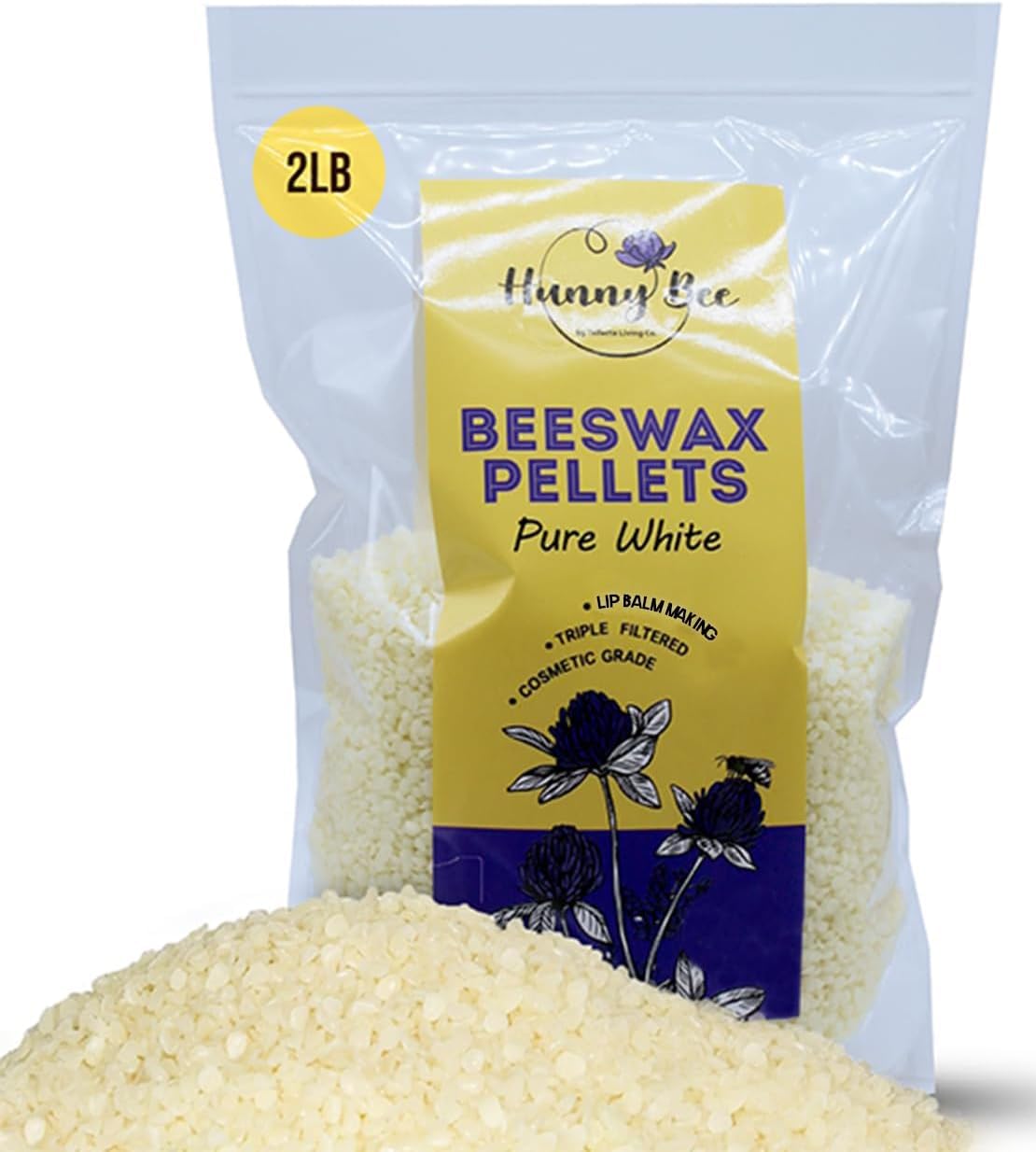 HUNNYBEE Beeswax Pellets 2LB, 100% Pure Bees Wax for DIY Candles, Skin, Body Cream, Face, and Hair Care, Lotions Deodorant, Lip Balm and Soap Making (Pure White, 2 lbs)