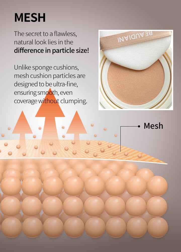Beaudiani Mesh Glow Cushion Foundation Dewy Korean Cushion with Gemstone Complex & Skincare Benefits (12g) (#1 Natural Cover Daily (#21))