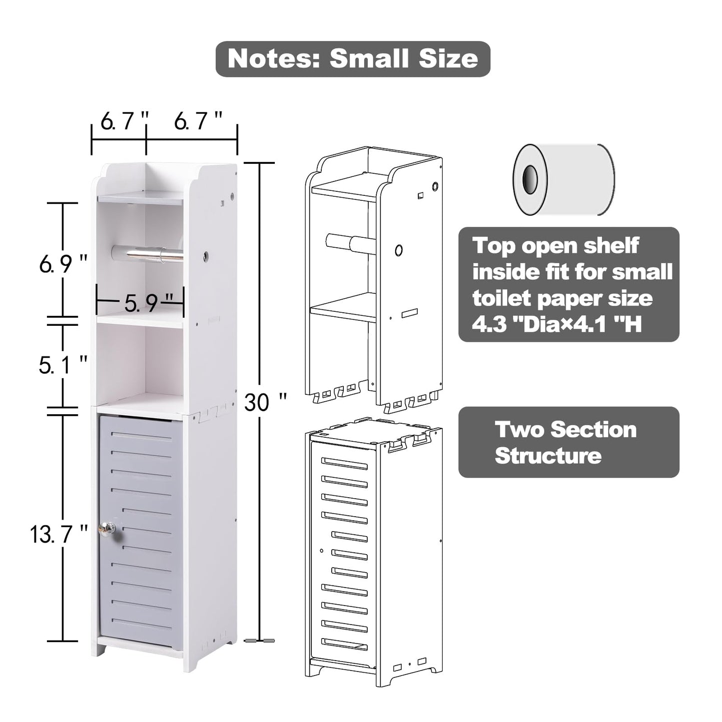 AOJEZOR Toilet Paper Holder Stand: Small Bathroom Storage Cabinet - Light Grey - White