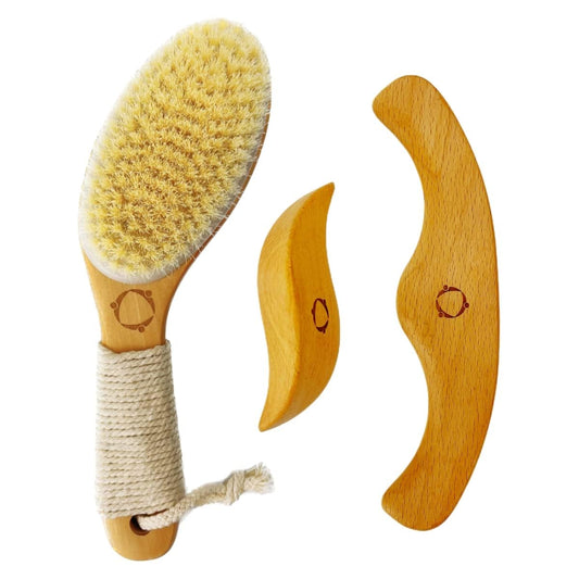 Dry Brushing Body Brush for Lymphatic Drainage-Vegan Dry Brush with Contoured Non-Slip Handle +Wood Therapy Massage Tools. Maderoterapia Kit, Gua Sha, Anti-Cellulite, Body Sculpting, Sensitive Skin