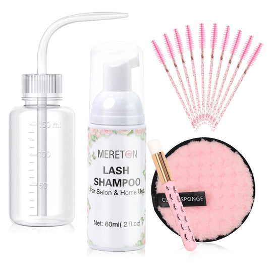 MERETON Lash Shampoo Kit for Lash Extensions, Eyelash Extension Cleanser Lash Cleaner Lash Cleaning Kit for Cluster Lashes Lash Bath with Makeup Pad+ Brush+Rinse Bottle, Oil Free Foam