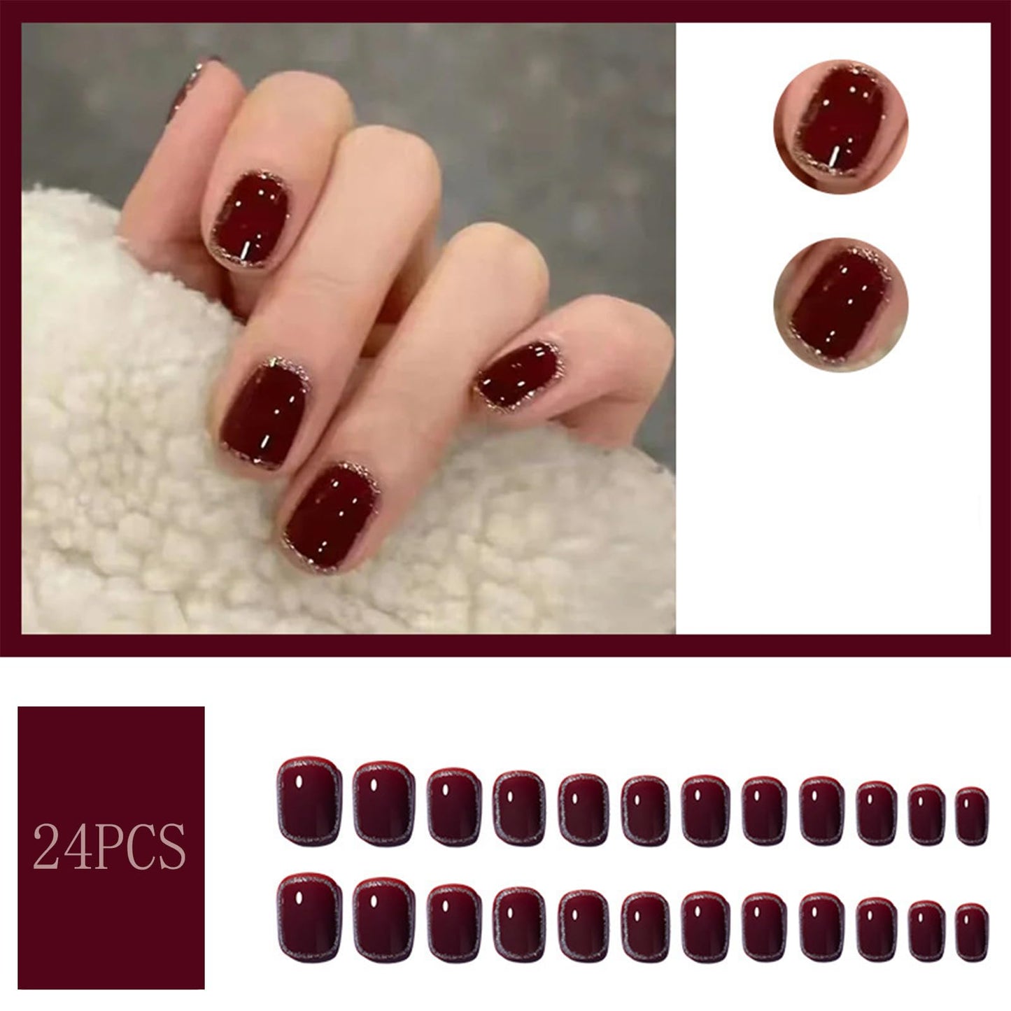 Short Press on Nails Square Red Rose Sliver Foil Fake Nails Dark Red Luxury Marble Silver Foil Surround in Glitter Designs Full Cover Stick on Nails Glossy Artificial False Nails for Women 24Pcs