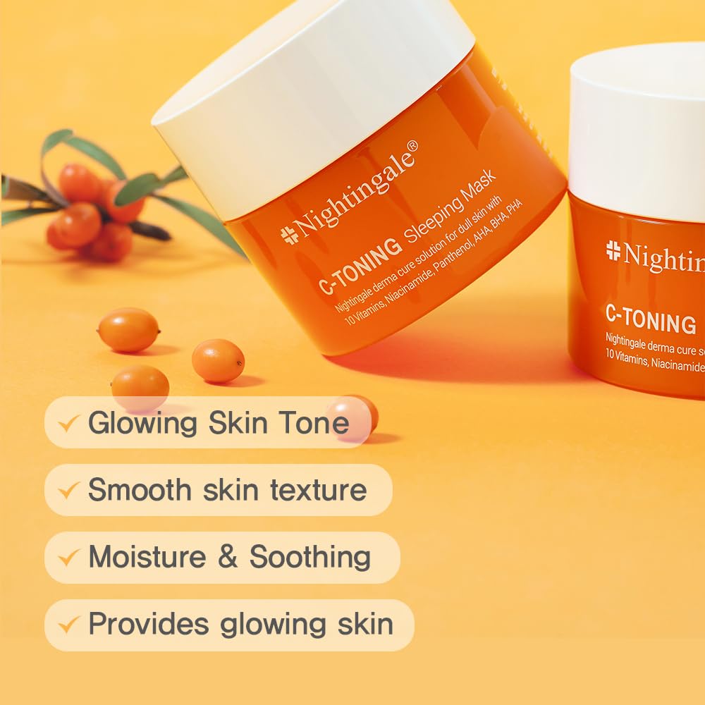 Nightingale C Toning Sleeping Mask, Vitamin C & Niacinamide & Hyaluronic Acid, Visibly Brighten, Boost Hydration, Good for Dryness, Dullness, Uneven Texture, Hypoallergenic, Fragrance & Alcohol Free