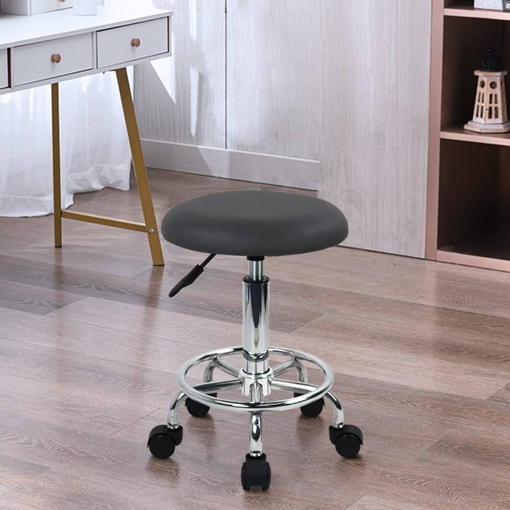 WKWKER Swivel Rolling Stool with Footrest Height Adjustable PU Leather Office Stool Chair for Bedroom Shop Counter Salon Vanity Spa Massage Beauty Desk Small (Grey)