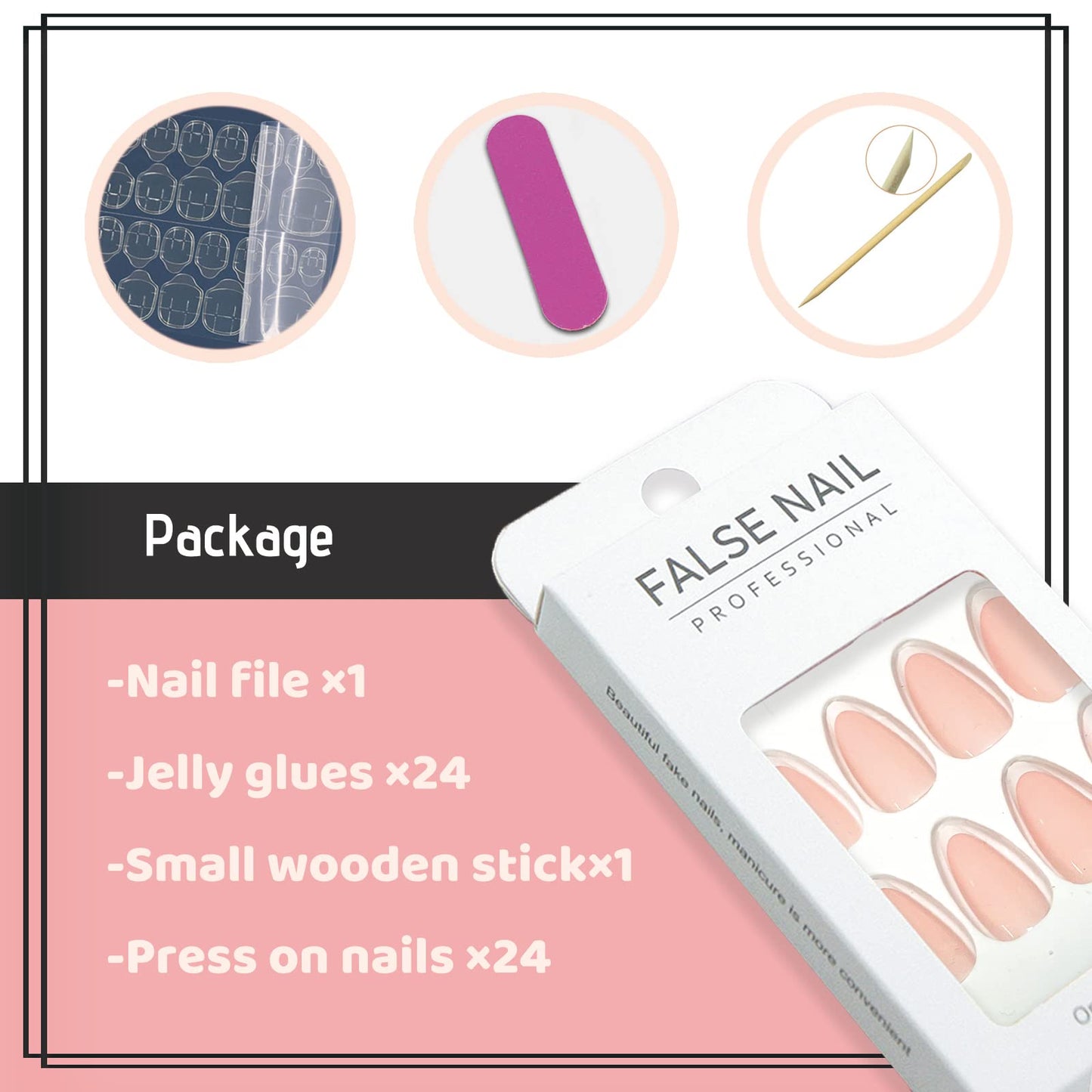 YOSOMK French Tip Press On Nails Medium Almond Fake Nails with Designs Nude Stick on Acrylic Nails Glossy Full Cover False Nails for Women