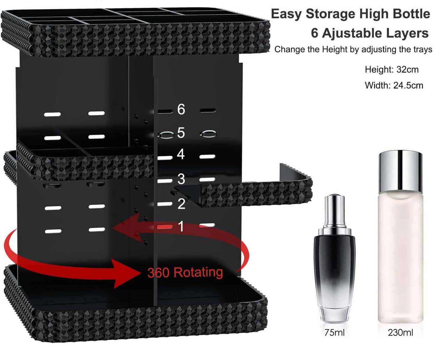 BOCONY Rotating Makeup Organizer, Large Capacity Cosmetic Display Case, Acrylic Skincare Organizer with Brush Holder, Makeup Storage Organizer for Dresser Countertop and Bathroom Vanity - Black