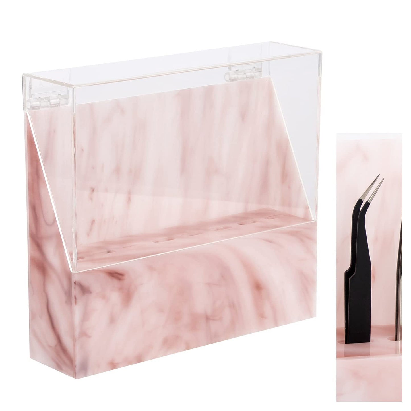 LXIANGN 8 Holes Dust-proof Eyelash Tweezers Holder Case Acrylic Marble Tweezer Stand Display Organizer with Cover for Lash Extensions (pink)